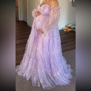 Purple Lilac Floral Maternity Dress for Baby Shower or Photoshoot